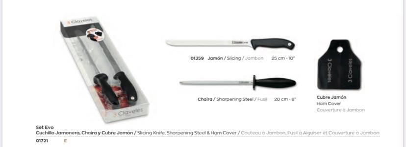 set,cuchillo,chaira,jamonero,cubrejamon,cuchillos,3 claveles,01700